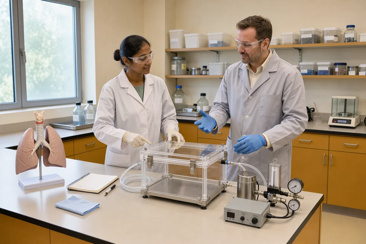 Two laboratory workers inspect an empty aerosol exposure chamber beside a plain lung teaching model