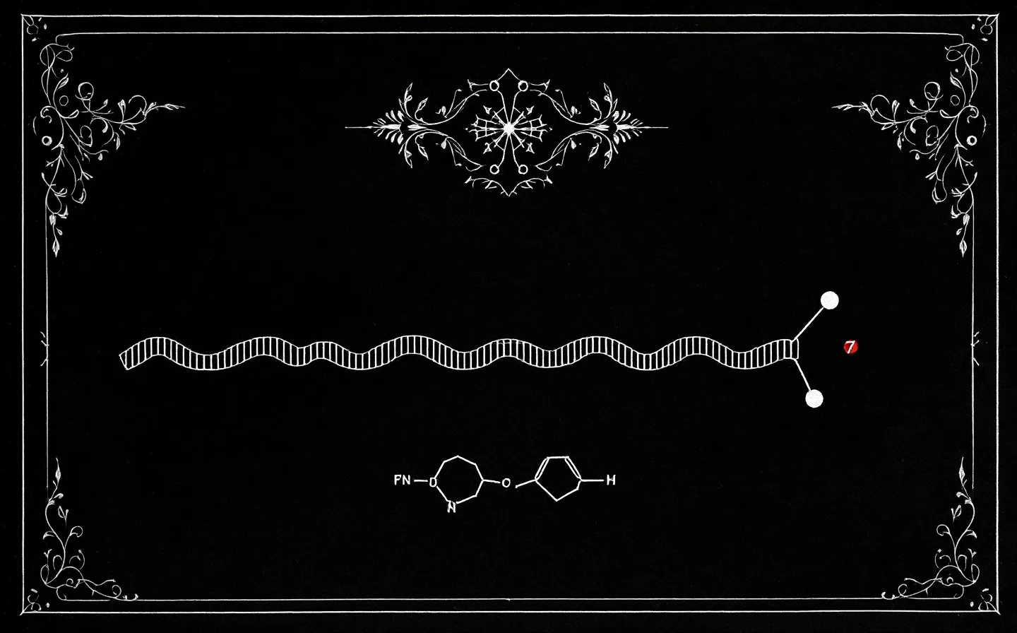 A fine silver gothic-codex etching of two abstract peptide molecular emblems side by side, a long protein chain with a crimson-highlighted segment and a small seven-residue loop, in a pointed-arch frame on a deep near-black ground