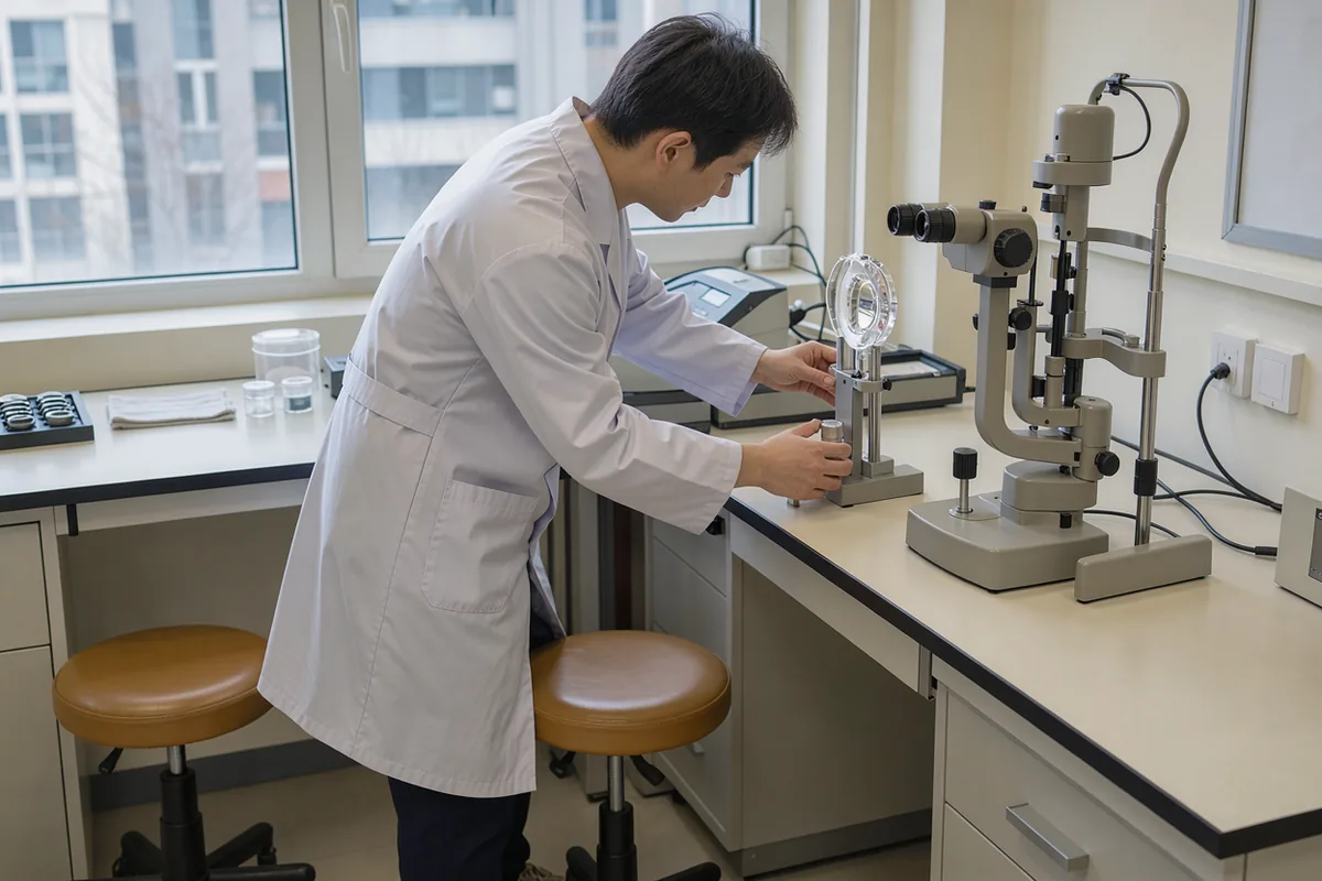 A technician aligns an optical test eye at a slit-lamp instrument on a pale laboratory bench